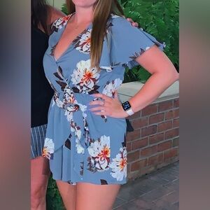 Floral Wrap Romper in Grey with Floral Pattern